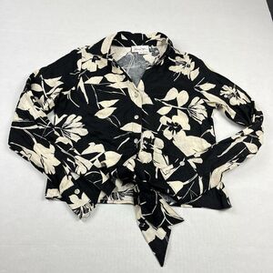 Panama Jack Linen Blend Button Shirt Floral Cropped Long Sleeve Top XS NEW